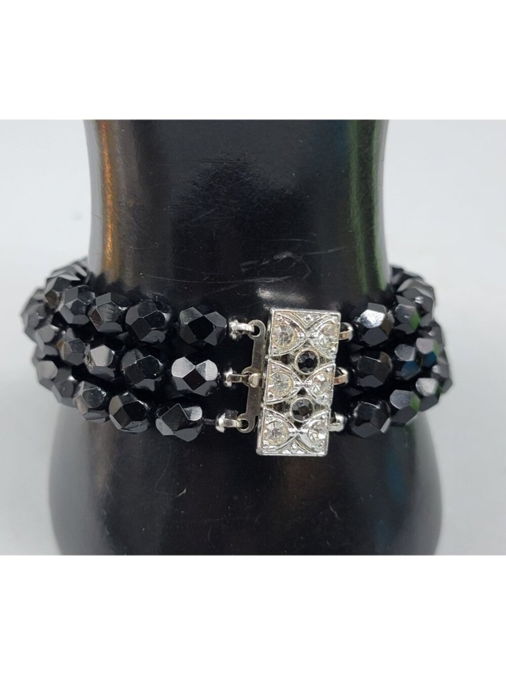 Vintage French Jet Beaded Multistrand Bracelet Crystal Clasp 1930s Size 7.5